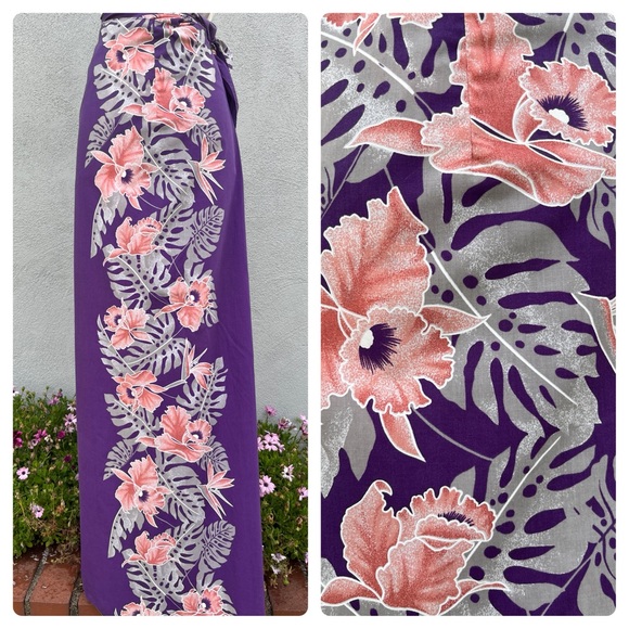 Vintage Helena's Purple Tropical Floral Hawaiian Maxi Sarong Wrap Skirt On Size - Picture 1 of 6